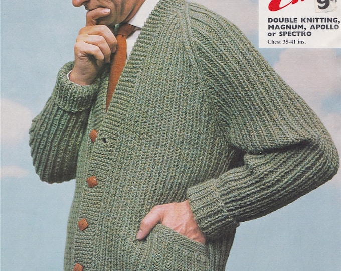 Mens Cardigan with Pockets Knitting Pattern PDF Mans 35, 37, 39 and 41 inch chest, Vintage Knitting Patterns for Men