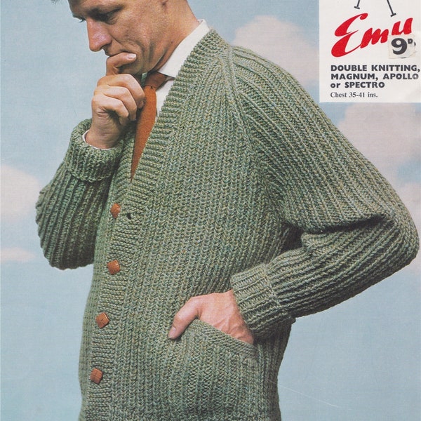 Mens Cardigan with Pockets Knitting Pattern PDF Mans 35, 37, 39 and 41 inch chest, Vintage Knitting Patterns for Men