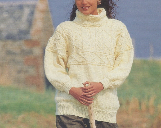 Womens Aran Sweater Knitting Pattern PDF Ladies 32 - 34, 36 - 38 & 40 - 42 inch chest, Patterned Jumper, Vintage Knitting Patterns for Women