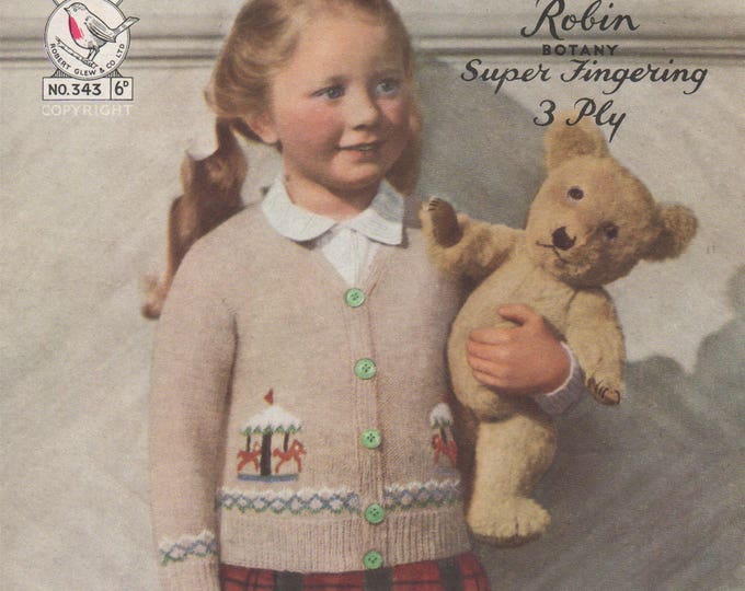 Girls Carousel Cardigan Knitting Pattern PDF Childrens 22, 24 and 26 inch chest, Carousel Motif, Vintage Knitting Patterns for Children