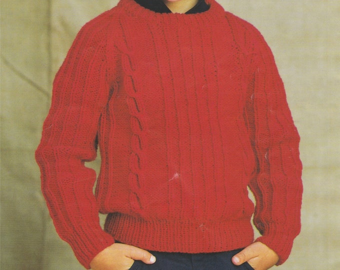 Patterned Round Neck Aran Sweater Knitting Pattern PDF Childrens Boys or Girls 26, 28 and 30 inch chest, 10 ply Yarn, e-pattern Download