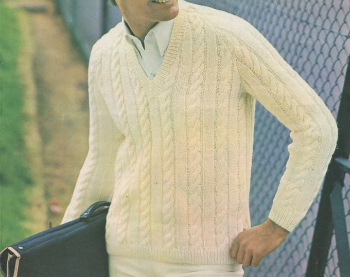 Mens Cable Sweater Knitting Pattern PDF Mans 36, 38, 40 & 42 inch chest, Sports Cricket or Tennis Jumper, Vintage Knitting Patterns for Men