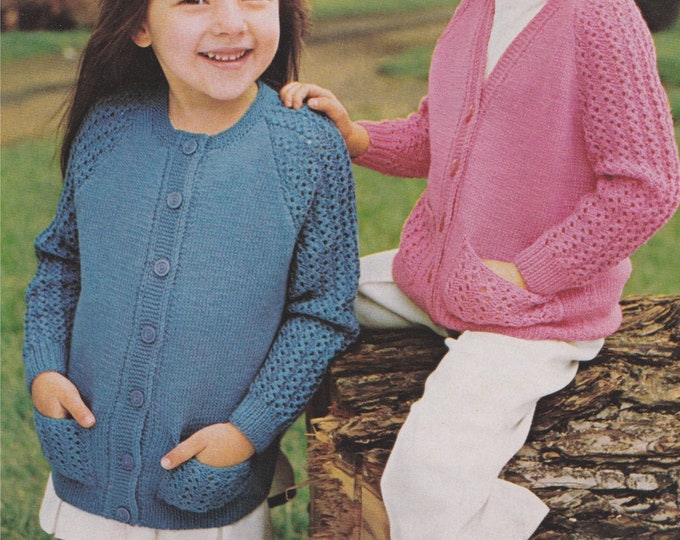 Girls Cardigan Knitting Pattern PDF Childrens and Toddlers 22 and 24 inch chest, Lacy Patterned Cardigan with Pockets, e-pattern Download