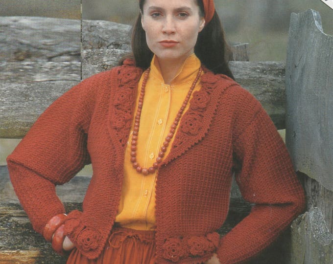 Womens Cardigan Crochet Pattern PDF Ladies 28 - 30, 32 - 34, 36 - 38 and 40 - 42 inch chest, Jacket, Sailor Collar, Flower Trim, Download