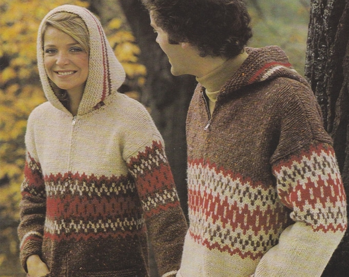 Fair Isle Hooded Jacket with Zip Front and Pockets Knitting Pattern PDF Womens or Mens 34, 36, 38, 40, 42 and 44 inch chest, Unisex