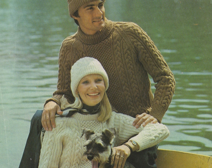 Aran Sweater and Hat Knitting Pattern PDF Womens and Mens 34, 36, 38, 40, 42 and 44 inch chest, Crew or Polo Neck, Aran Knitting Patterns