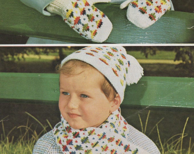 Childrens Fair Isle Hat, Scarf, Bonnet and Mittens Knitting Pattern PDF Toddlers Boys or Girls 2 - 4 years, Winter Accessories, pdf Download