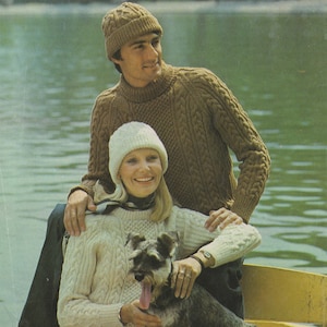 Aran Sweater and Hat Knitting Pattern PDF Womens and Mens 34, 36, 38, 40, 42 and 44 inch chest, Crew or Polo Neck, Aran Knitting Patterns