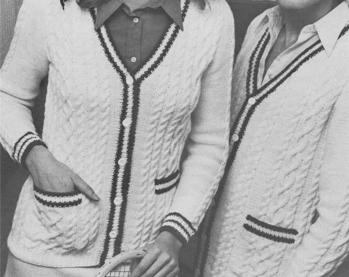 Tennis Cable Cardigan Knitting Pattern PDF His and Hers 32, 34, 36, 38, 40, 42, 44 inch chest, Unisex, DK 8 ply Yarn, Vintage Knit Patterns