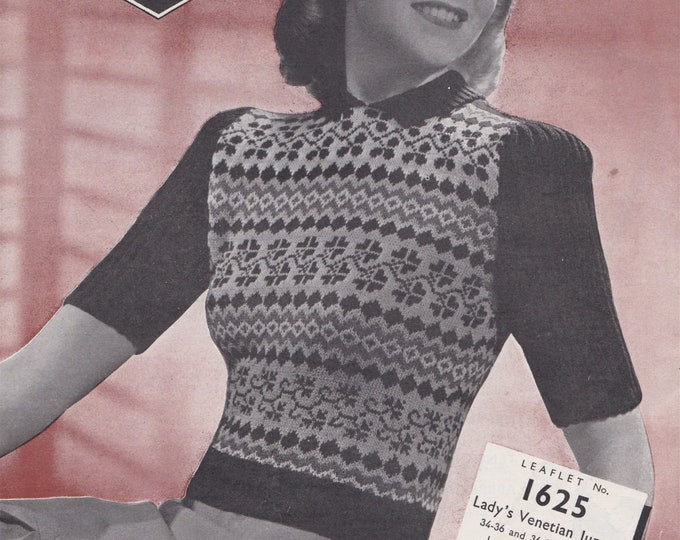 Womens Fair Isle Sweater Knitting Pattern PDF Ladies 34 - 36 and 36 - 38 inch bust, Long or Short Sleeves, Fair Isle Jumper with Collar