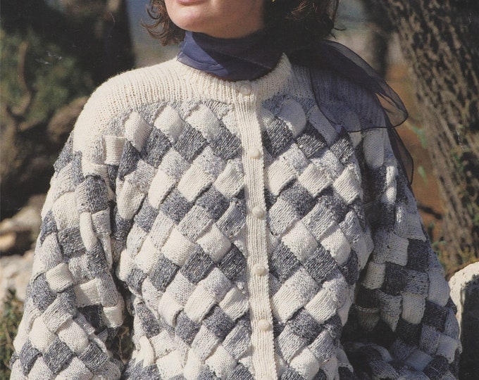 Womens Square Patterned Round Neck Cardigan Knitting Pattern PDF Ladies 32, 34 - 36, 38 and 40 - 42 inch bust, Jacket, DK 8 ply Yarn
