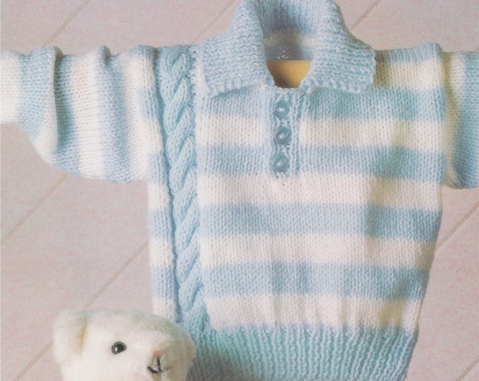 Babies Striped Sweater with Collar and Cable Detail Knitting Pattern PDF Baby and Toddlers 16, 18, 20, 22 and 24 inch chest, DK 8 ply Yarn