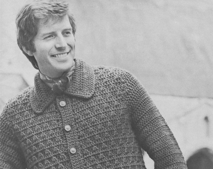 Mens Jacket Crochet Pattern PDF Mens 38, 40, 42 and 44 inch chest, 12 ply yarn, Vintage Crochet Patterns for Men, e-pattern Download