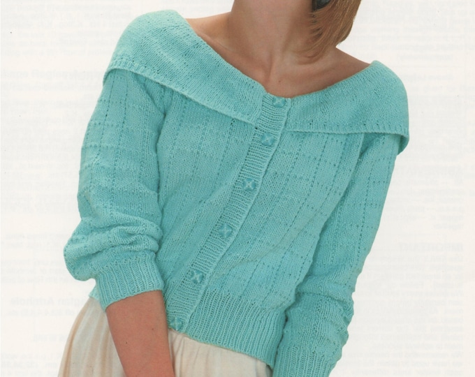 Womens Cardigan Knitting Pattern PDF Ladies 30, 32, 34, 36, 38 and 40 inch chest, Shawl Collar, Off the Shoulders Cardigan, pdf Download