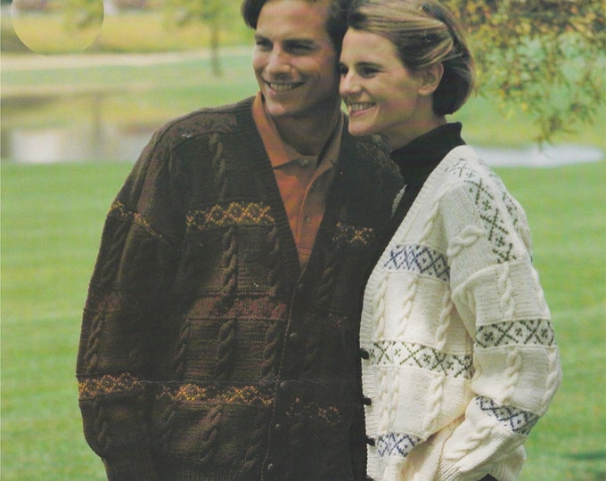 Fair Isle and Cable Cardigan Knitting Pattern PDF Womens or Mens 30 - 32, 34 - 36, 38 - 40, 42 - 44 and 46 - 48 inch chest, Unisex Patterns