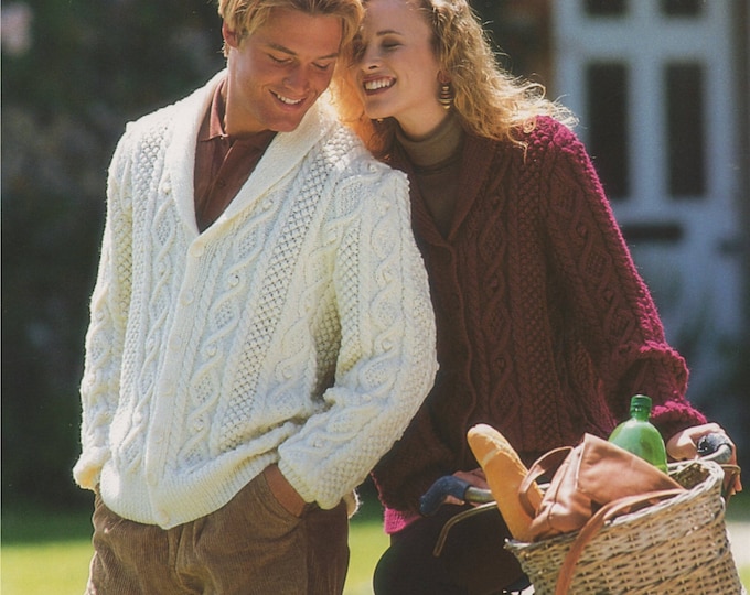 Aran Cardigan Knitting Pattern PDF Mens and Womens 32 - 34, 36 - 38 and 40 - 42 inch chest, Aran Jacket, Vintage Knitting Patterns Download