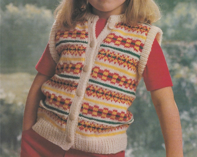 Children Fair Isle Waistcoat Knitting Pattern PDF Boys or Girls 22, 24, 26, 28 inch chest, Fair Isle Gilet, DK 8 ply Yarn, epattern Download