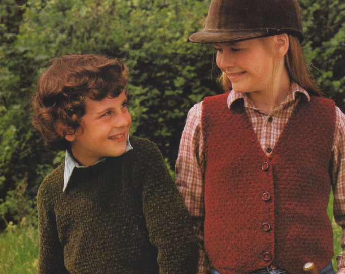 Childrens Sweater and Waistcoat Knitting Pattern PDF in Chenille Yarn, Boys or Girls 22, 24, 26, 28, 30 and 32 inch chest, PDF Download