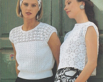 May include: Two women wearing white crochet tops. One top has short sleeves and a ribbed hem, paired with a black skirt and a polka dot headband. The other top is sleeveless and paired with a black and white patterned skirt.