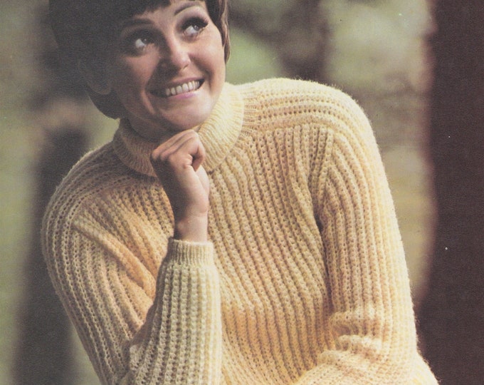 Womens Sweater Crochet Pattern PDF with Knitted Collar, Cuffs and Welts, Ladies 34, 36, 38, 40 inch bust, Vintage Crochet Patterns for Women