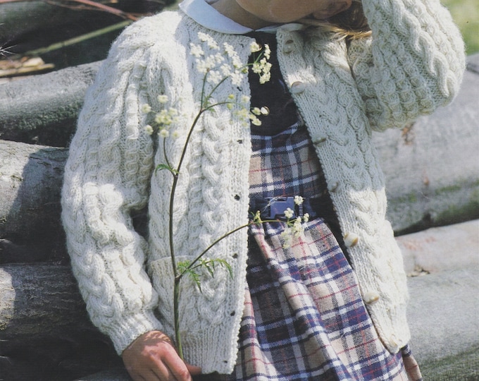 Girls Aran Round Neck Cardigan Knitting Pattern PDF with Cable Stitch Pattern, 22, 24, 26, 28 and 30 inch chest, 10 ply Yarn, pdf Download