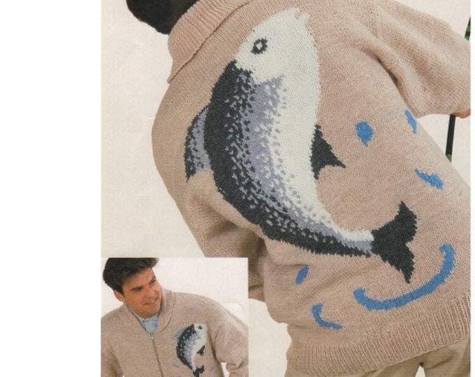 Mens Fishing Cardigan Knitting Pattern PDF with Fish Motif, Mans 36, 38, 40, 42, 44, 46 & 48 inch chest, Large Size Jacket with Zipped Front