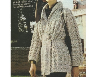 Womens Jacket with Belt Crochet Pattern PDF Ladies 35 - 37 inch bust, Long Cardigan, Vintage Crochet Patterns for Women, epattern Download