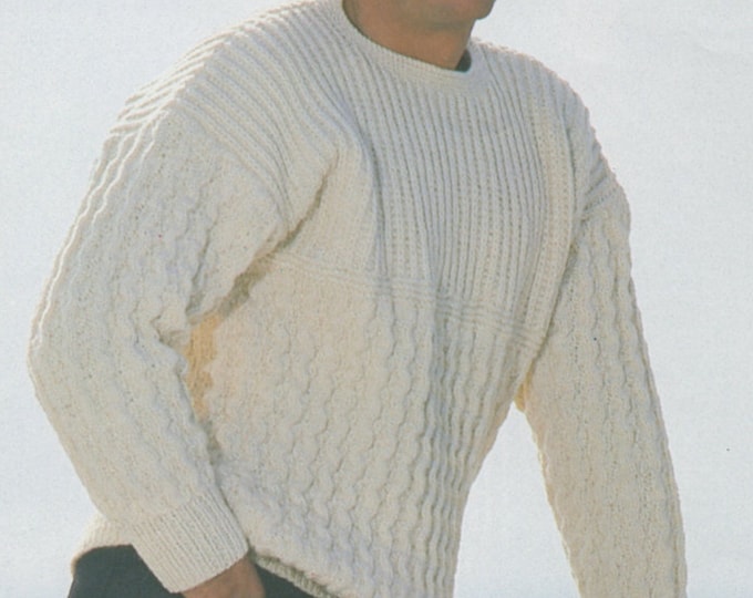 Mens Aran Sweater Knitting Pattern PDF Mans 34, 36, 38, 40, 42 and 44 inch chest, Patterned Aran Jumper, Vintage Knitting Patterns for Men