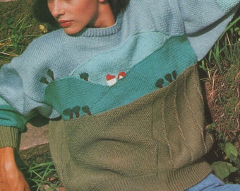 Womens Sweater Knitting Pattern PDF Ladies 33 - 34,  36 - 38 and 39 - 41 inch chest, Picture Jumper Landscape Scene, epattern Download