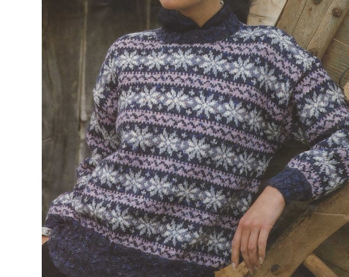 Womens Fair Isle Sweater Knitting Pattern PDF Ladies 30, 32, 34, 36, 38 and 40 inch bust, Snowflake Fair Isle Jumper, epattern Download