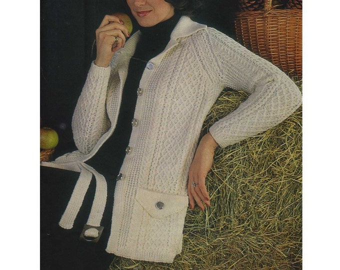 Womens Jacket with Belt and Pockets Knitting Pattern PDF Ladies 32, 34, 36, 38, 40 and 42 inch bust, Patterned Long Cardigan, Download