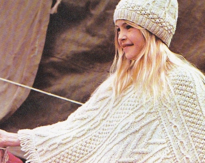 Girls Aran Poncho and Beret Hat Knitting Pattern PDF, Patterned Poncho, Winter Season, Vintage Aran Knitting Patterns for Girls, Download