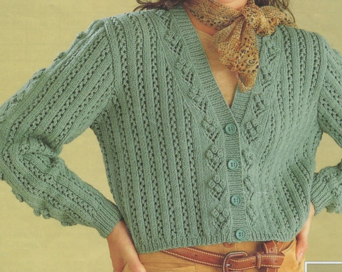 Womens Cardigan Knitting Pattern PDF Ladies 30, 32, 34, 36, 38, 40 inch bust, Round or V Neck Patterned, Vintage Knitting Patterns for Women