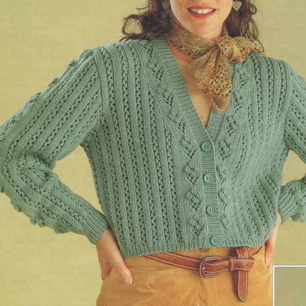 Womens Cardigan Knitting Pattern PDF Ladies 30, 32, 34, 36, 38, 40 inch bust, Round or V Neck Patterned, Vintage Knitting Patterns for Women