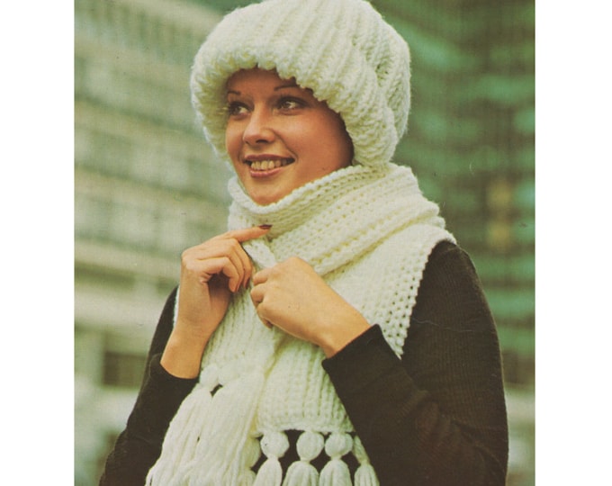 Womens Hat and Scarf Knitting Pattern PDF Ladies, Chunky Yarn, Vintage Knitting Patterns for Women, epattern Download