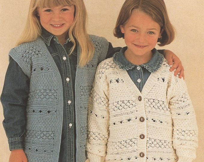 Girls Patterned Cardigan Knitting Pattern PDF Children and Toddlers 20 - 22, 24 - 26 and 28 - 30 inch chest, Long Waistcoat Jerkin, Download