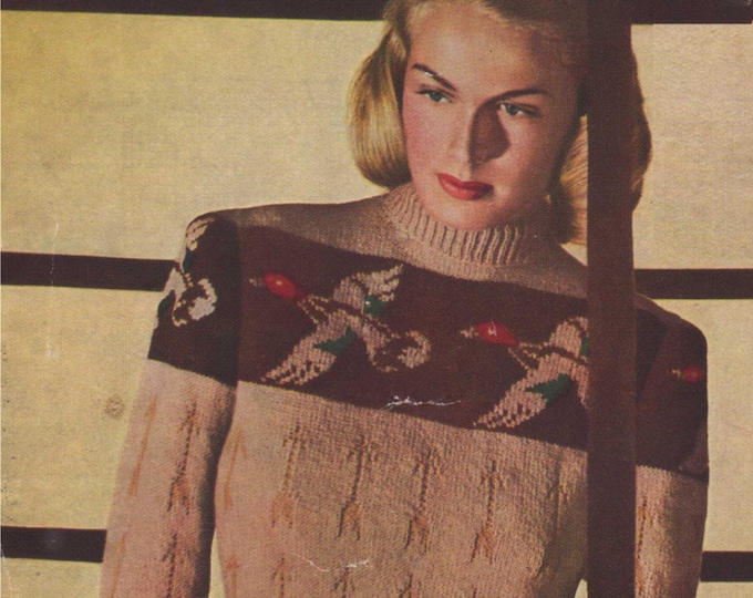 Womens Fair Isle Flying Ducks Sweater Knitting Pattern PDF Ladies 34 inch bust, 1940's Fair Isle Jumper, Vintage Knitting Patterns for Women