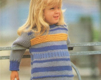 Sweater Dress Knitting Pattern PDF Girls 22 - 23, 24 - 25 and 26 - 27 inch chest, Long Tunic Jumper, Vintage Knitting Patterns for Children