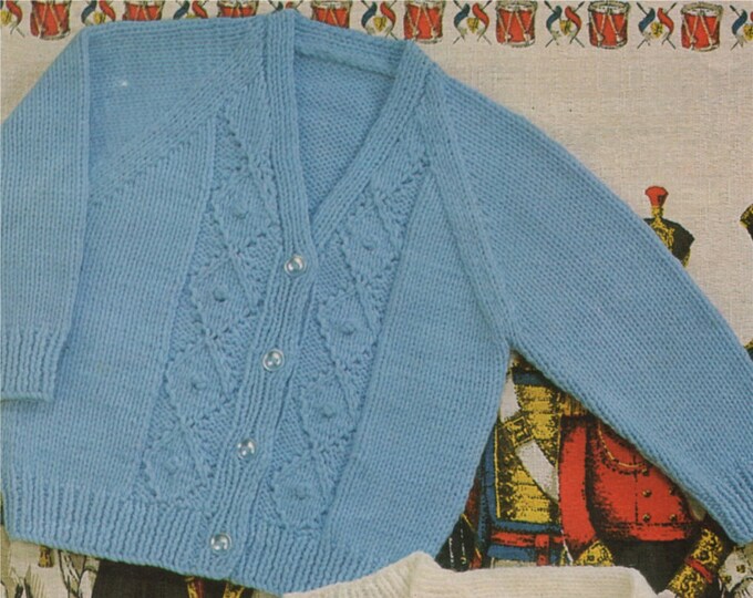 Baby Cardigan PDF Knitting Pattern : Childrens / Toddlers 20, 21, 22 and 23 inch chest . Round or V Neck . Instant Digital Download