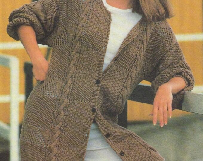 Womens Long Patterned Cardigan Knitting Pattern PDF Ladies 38  - 44 inch chest, Vintage Knitting Patterns for Women, e-pattern Download