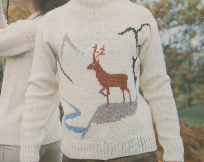 Stag Aran Sweater Knitting Pattern PDF Ladies or Mens 34, 36, 38, 40 & 42 inch chest, Intarsia, Christmas Jumper, Reindeer, Deer, Fair Isle