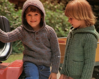 Childrens Hooded Sweater and Cardigan Knitting Pattern PDF for Boys or Girls 20, 22, 24 and 26 inch chest, Hoodie Jumper, epattern Download