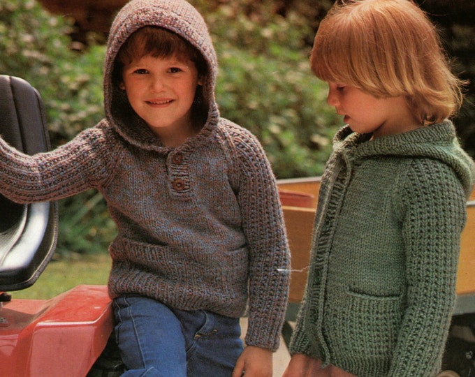 Childrens Hooded Sweater and Cardigan Knitting Pattern PDF for Boys or Girls 20, 22, 24 and 26 inch chest, Hoodie Jumper, epattern Download