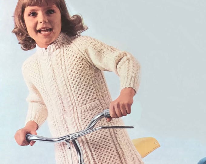 Aran Sweater Dress Knitting Pattern PDF with Zip, Girls 24, 26, 28 and 30 inch chest, Vintage Aran Knitting Patterns for Children, Download