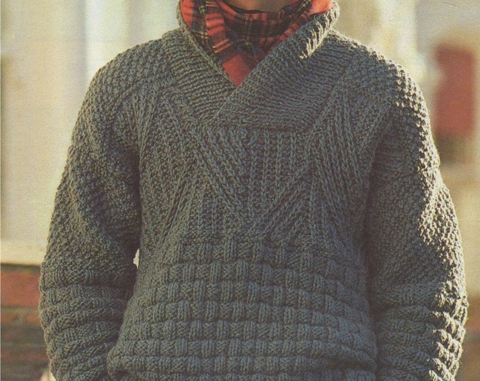 Mens Sweater Knitting Pattern PDF with Shawl Collar, Mans 32 - 34 and 36 - 38 inch chest, Patterned Jumper, Chunky Yarn, Download