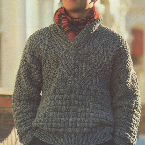 Mens Sweater Knitting Pattern PDF with Shawl Collar, Mans 32 - 34 and 36 - 38 inch chest, Patterned Jumper, Chunky Yarn, Download