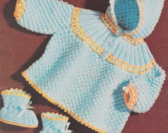 211 DK KNITTING PATTERN DRESS BONNET AND BOOTEES COAT