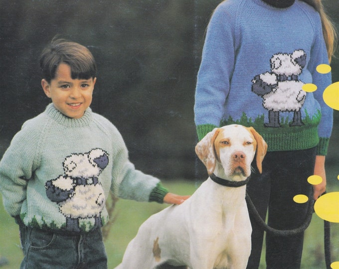 Childrens Sheep Motif Sweater Knitting Pattern PDF Boys or Girls 22, 24, 26, 28, 30 and 32, Aran or DK Yarn, Vintage Knit Patterns, Download