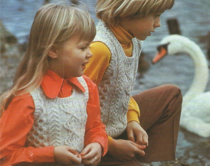 Aran Pullover Knitting Pattern PDF Boys and Girls 22, 24, 26, 28 & 30 inch chest, Aran Tank Top, Vintage Knitting Patterns for Children