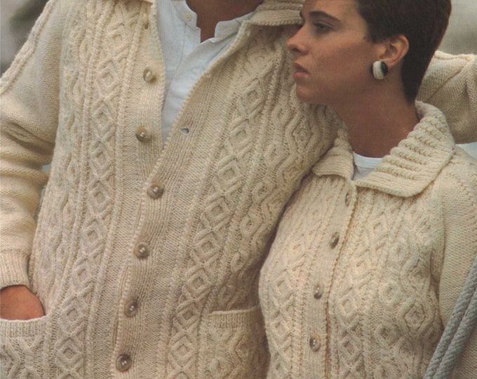 Aran Cardigan Knitting Pattern PDF Womens and Mens 35 - 46 inch chest, Patterned Aran Jacket, Vintage Knitting Patterns, e-pattern Download